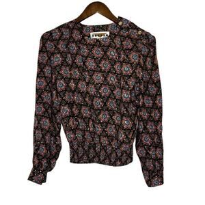 Jordan Vintage Black Floral Scrunch Waist Long Sleeve Blouse Size 4